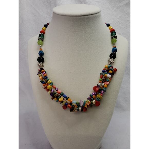 18 Inch Multicolor Stone Shell Glass 4 Strand Necklace - Picture 1 of 5